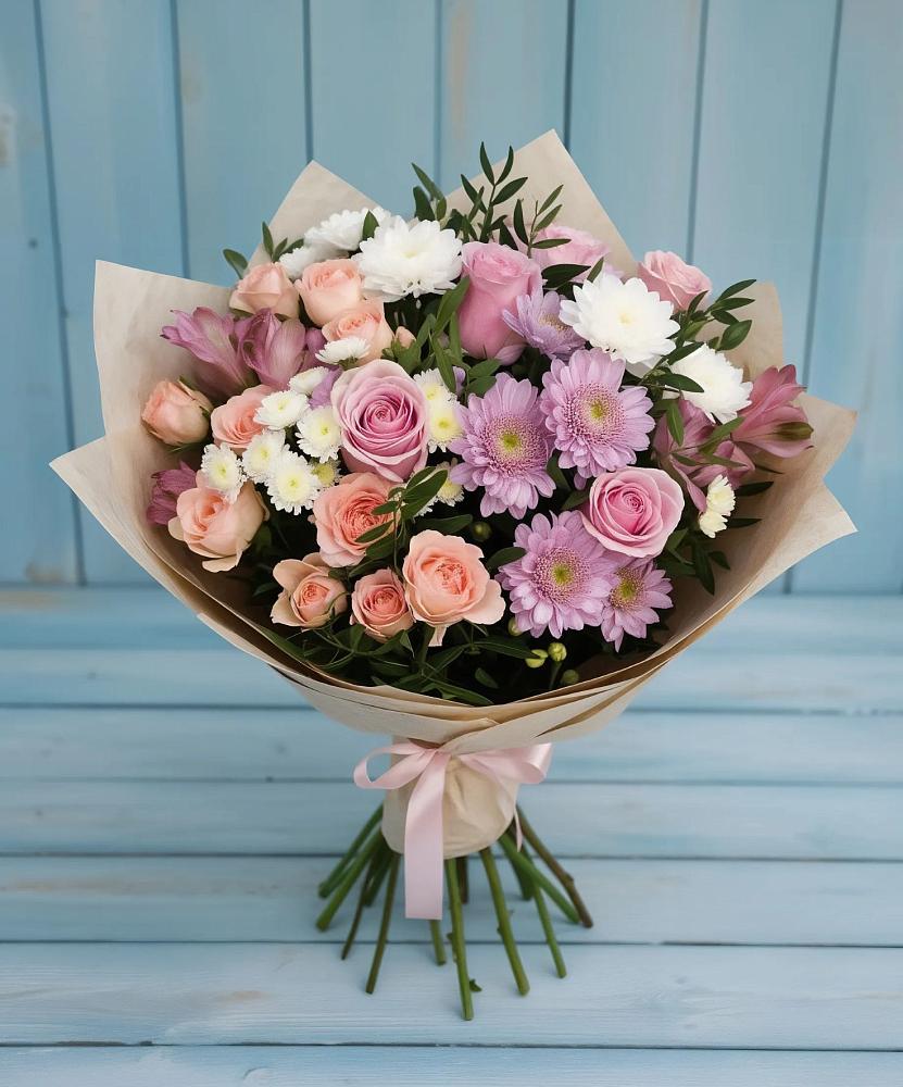 Букет цветов из: Хризантемы, Розы и Альстромерии в Баклановской Ставропольского края