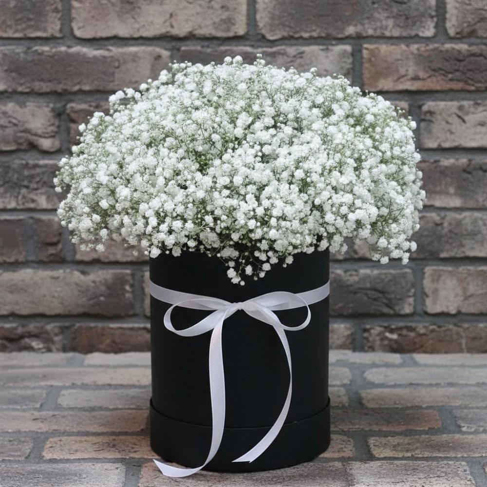 Цветочная композиция из Гипсофила в шляпной коробке в Баклановской Ставропольского края