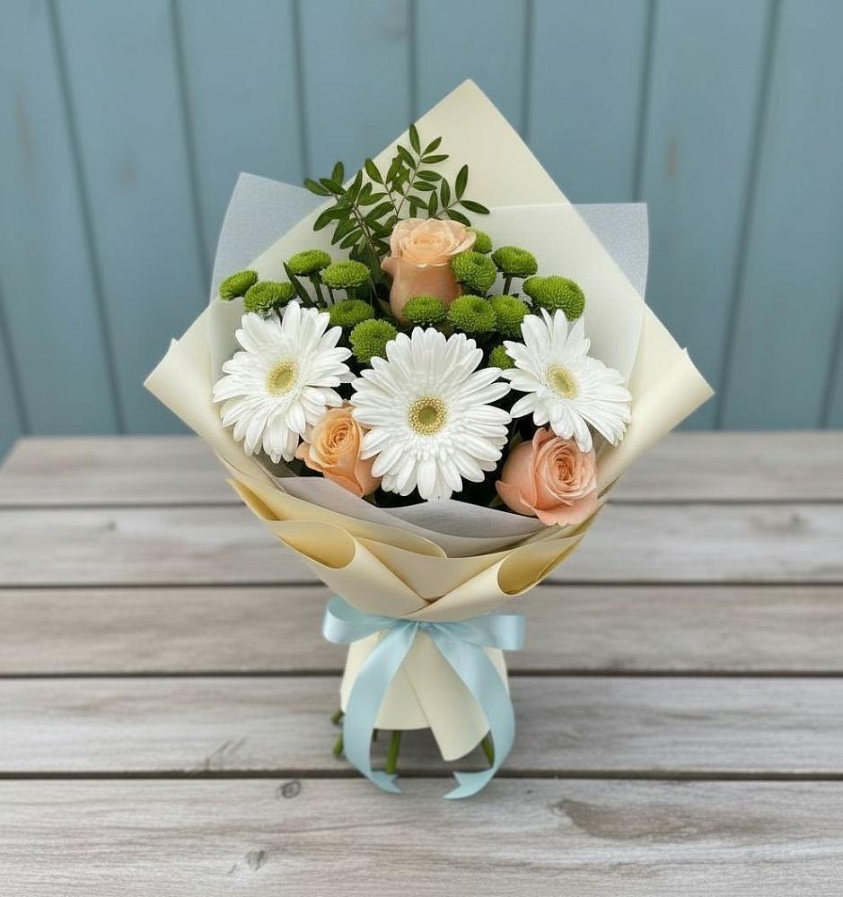 Букет цветов из: Герберы, Розы и Хризантемы в Баклановской Ставропольского края
