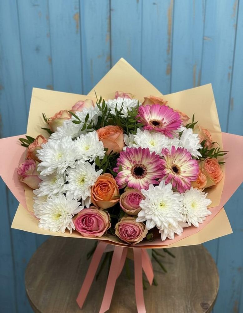 Букет цветов из: Розы, Герберы и Хризантемы в Баклановской Ставропольского края