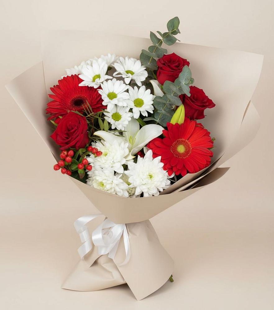 Букет цветов из: Розы, Хризантемы, Герберы и Лилии в Баклановской Ставропольского края
