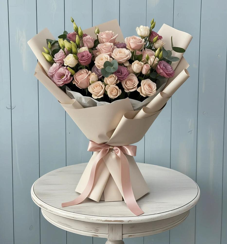 Букет цветов из: Розы и Лизиантусы в Баклановской Ставропольского края