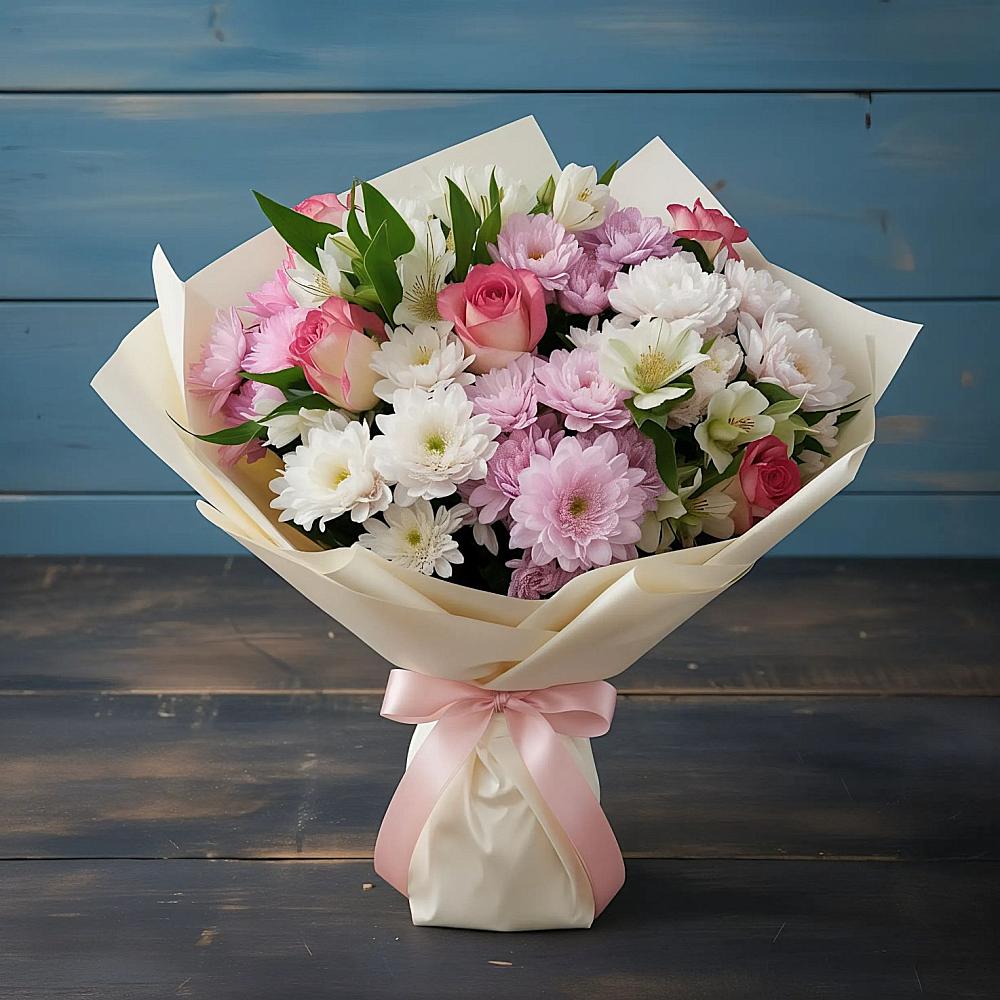 Букет цветов из: Хризантемы, Альстромерии и Розы в Баклановской Ставропольского края